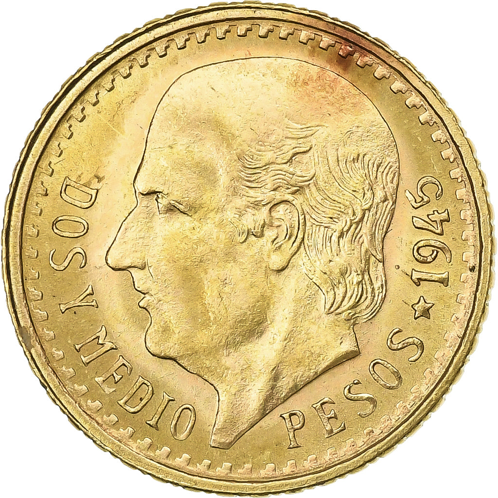 Mexico, 2-1/2 Pesos, 1945, Mexico City, Gold, MS(63), KM:463