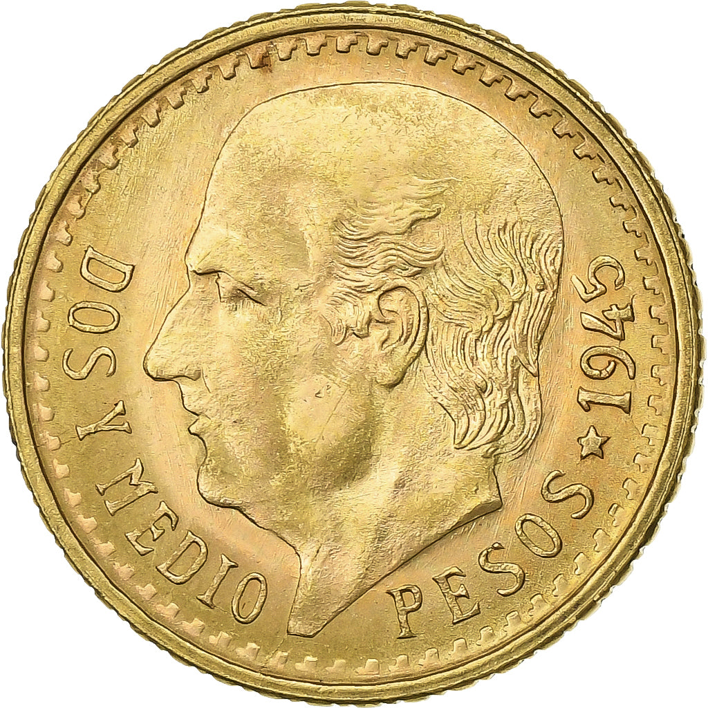 Mexico, 2-1/2 Pesos, 1945, Mexico City, Gold, MS(60-62), KM:463