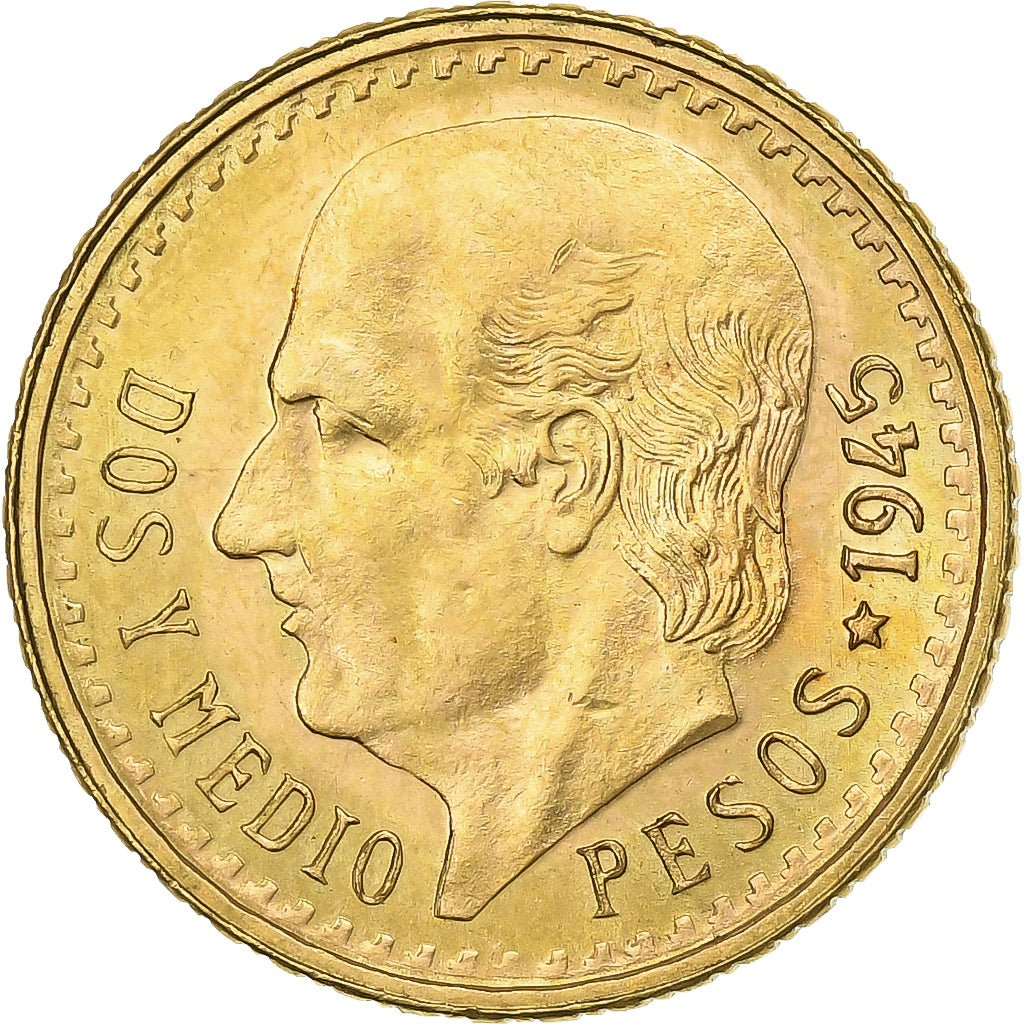 Mexico, 2-1/2 Pesos, 1945, Mexico City, Gold, MS(60-62), KM:463