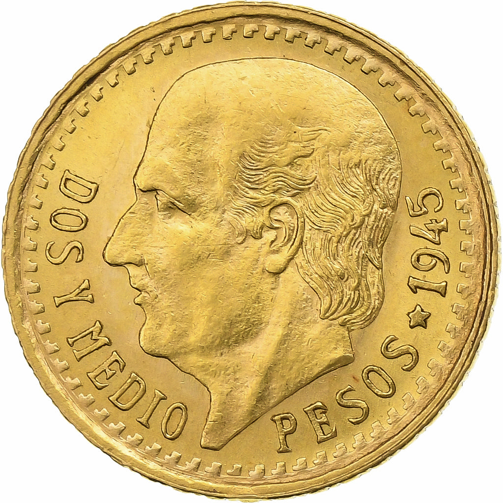 Mexico, 2-1/2 Pesos, 1945, Mexico City, Gold, MS(63), KM:463