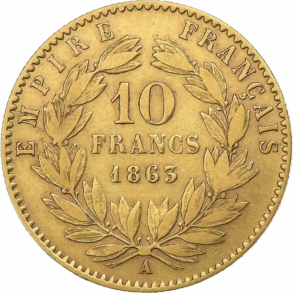 Francia, 10 Francs, Napoléon III, 1863, Paris, Oro, BC+, Gadoury:1015, KM:800.1