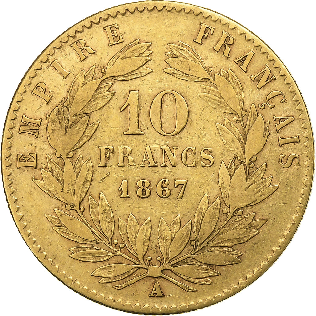Francia, 10 Francs, Napoléon III, 1867, Paris, Oro, BC+, Gadoury:1015, KM:800.1