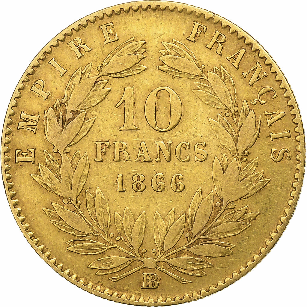 Frankrijk, 10 Francs, Napoléon III, 1866, Strasbourg, Large BB, Goud, FR+