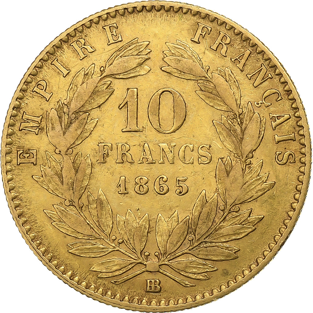 Francia, 10 Francs, Napoléon III, 1865, Strasbourg, Oro, BC+, KM:800.2