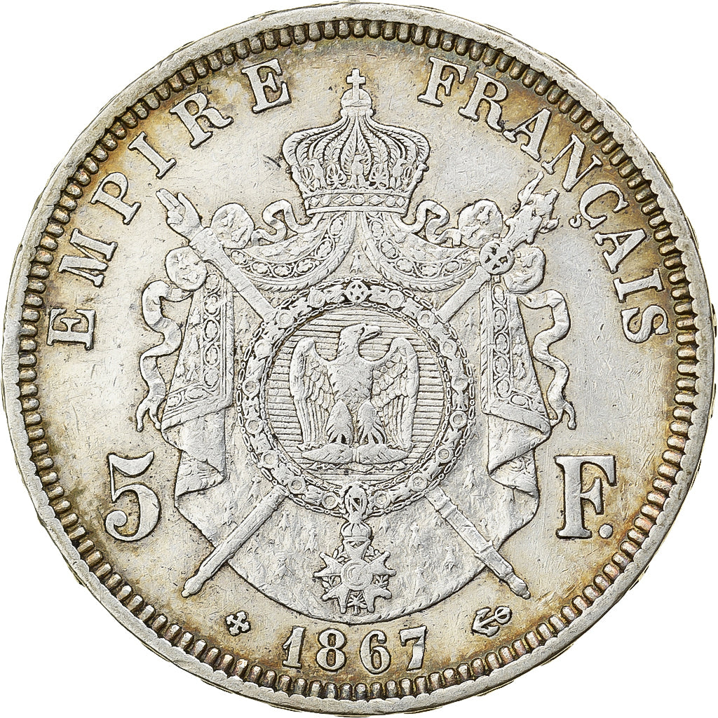 France, 5 Francs, Napoléon III, 1867, Strasbourg, Silver, EF(40-45), KM:799.2