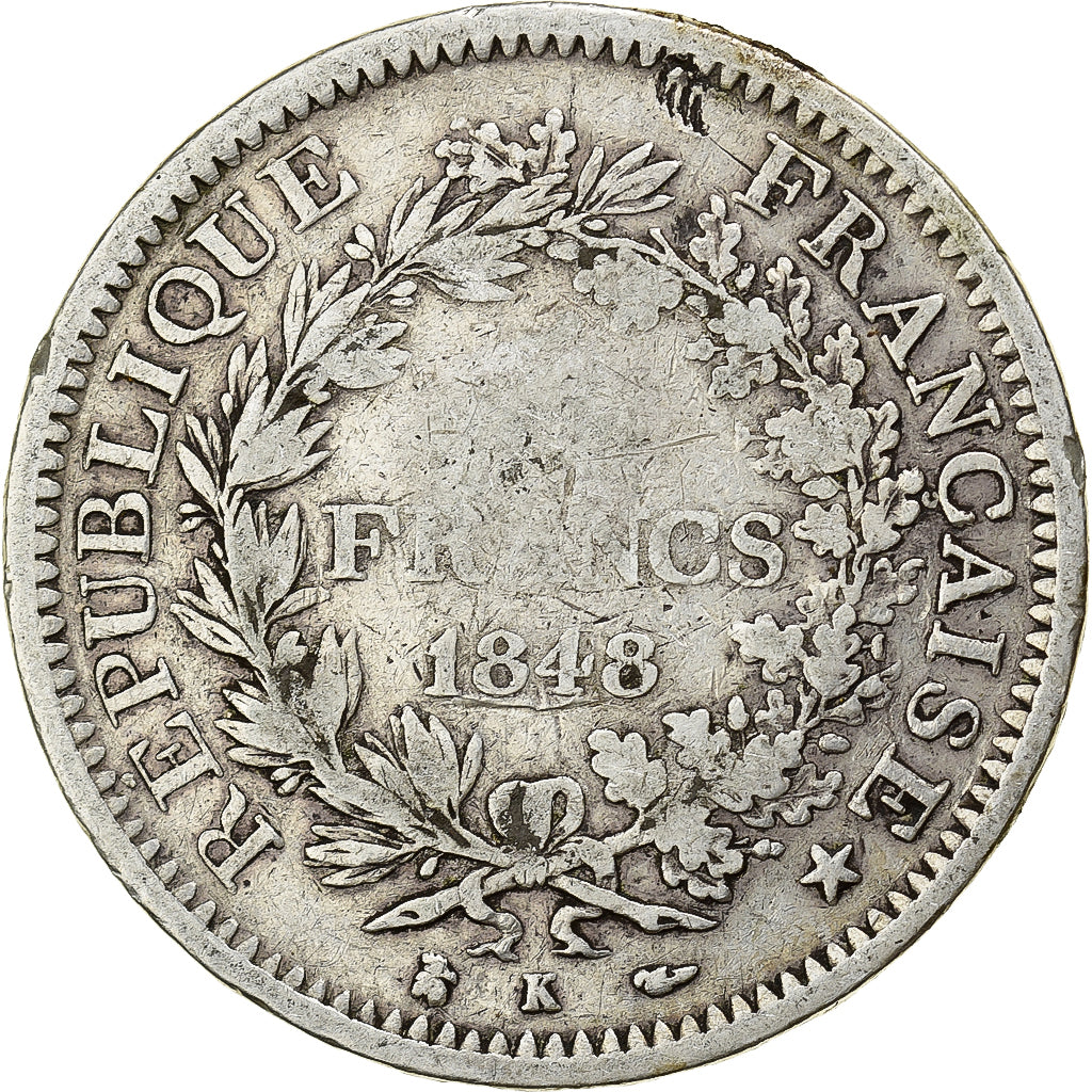 França, 5 Francs, Hercule, 1848, Bordeaux, Prata, F(12-15), Gadoury:683, Le