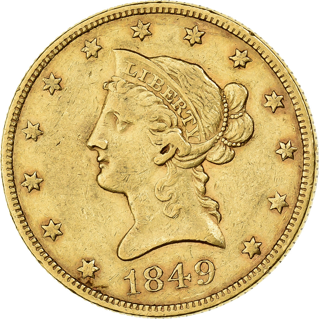 USA, $10, Eagle, Coronet Head, 1849, Philadelphia, Złoto, EF(40-45), KM:66.2