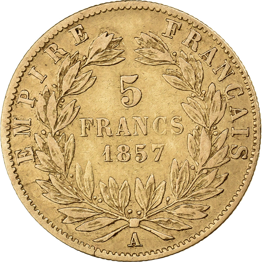 Francia, 5 Francs, Napoléon III, 1857, Paris, Oro, MB+, Gadoury:1001, KM:787.1