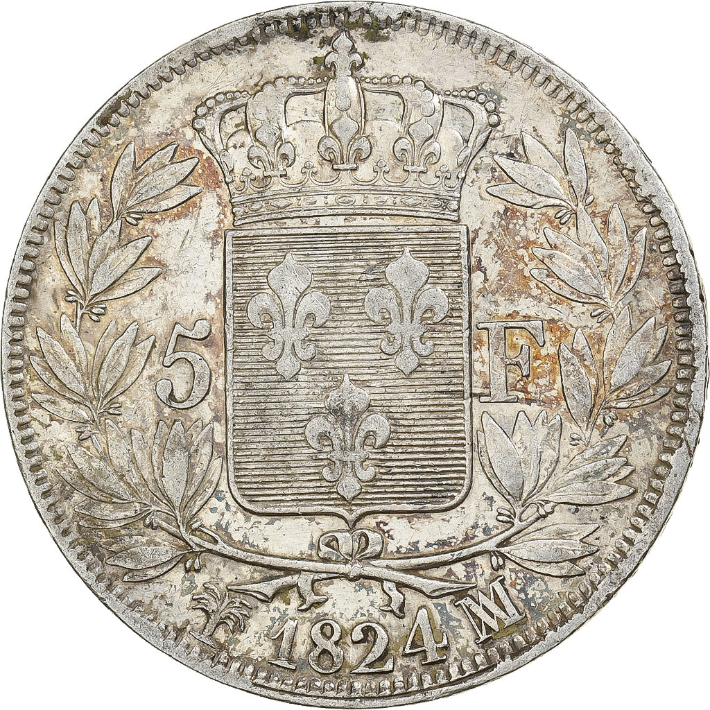 Frankrijk, 5 Francs, Louis XVIII, 1824, Marseille, Zilver, ZF, Gadoury:614