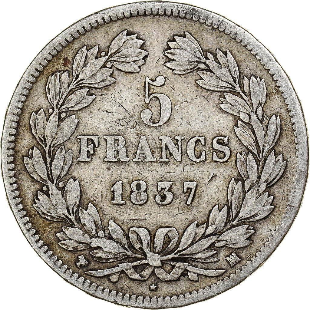 Francja, 5 Francs, Louis-Philippe, 1837, Marseille, Srebro, VF(30-35)