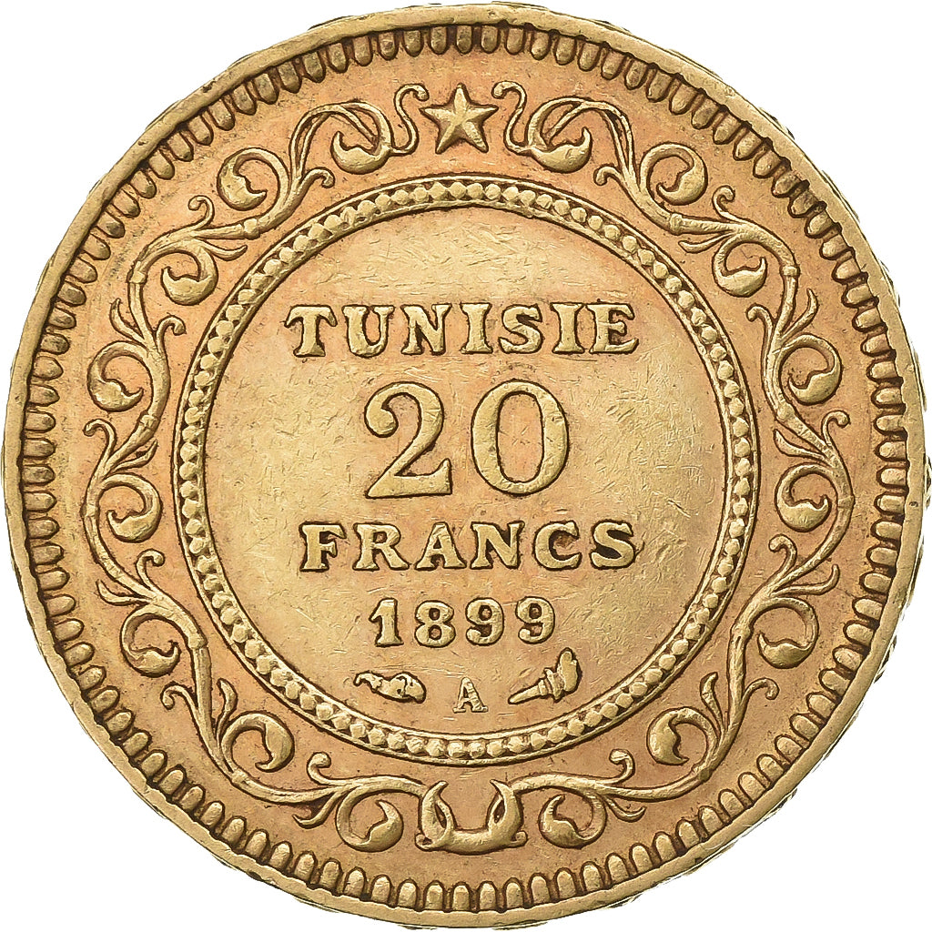 Túnez, Ali Bey, 20 Francs, 1899, Paris, Oro, MBC+, Lecompte:453, KM:227
