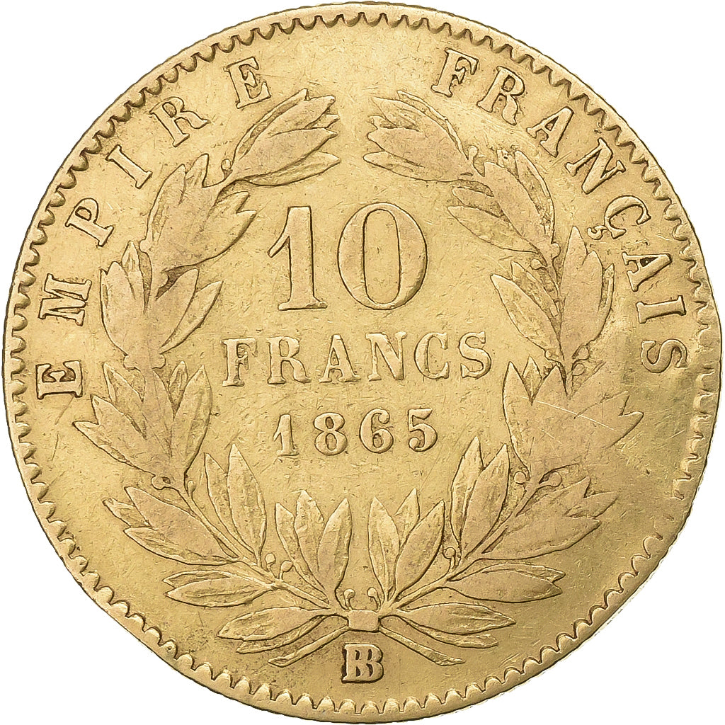 France, 10 Francs, Napoléon III, 1865, Strasbourg, error split, Or, TTB