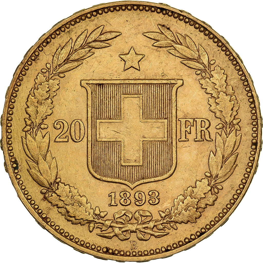 Suiza, 20 Francs, Helvetia, 1893, Bern, Oro, MBC, KM:31