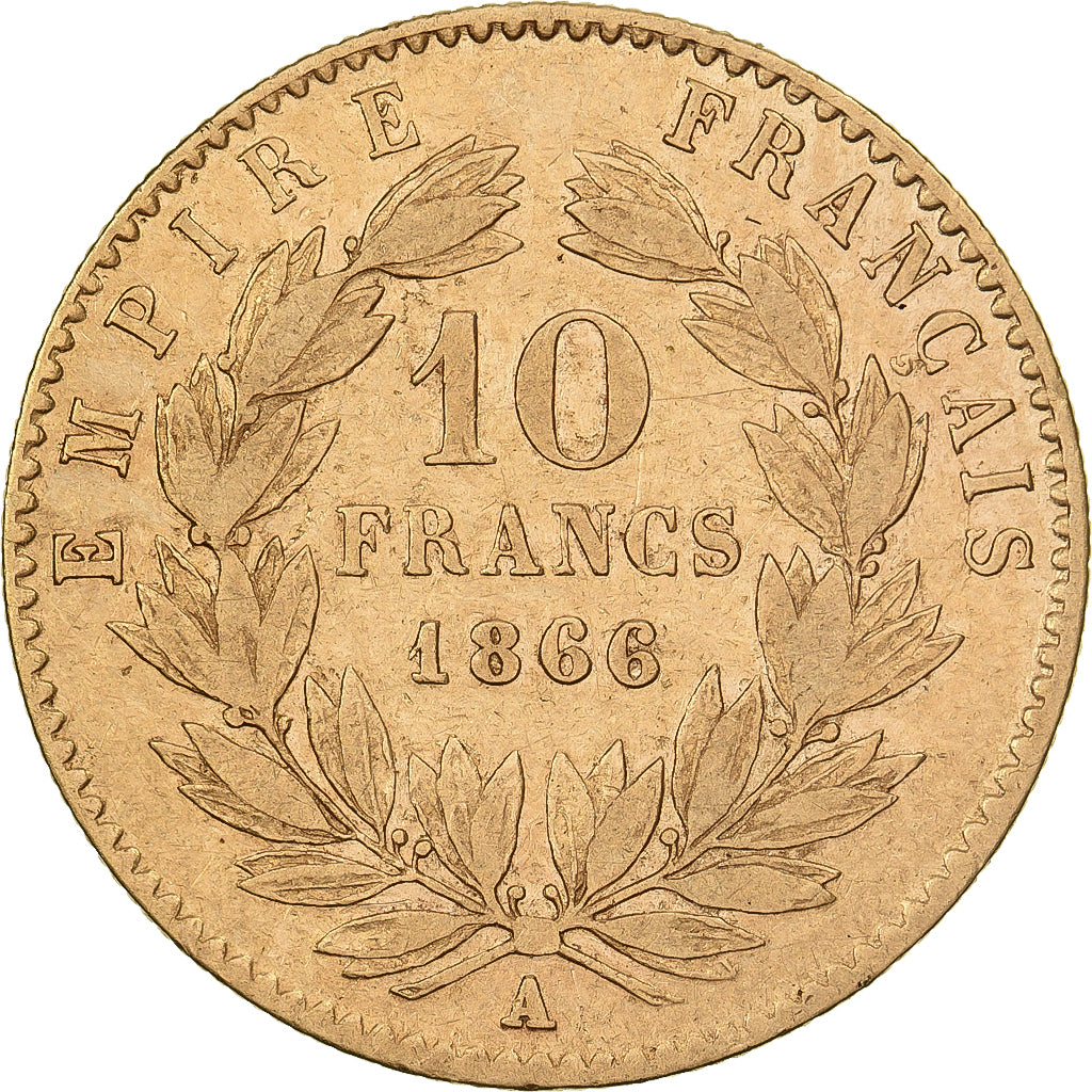 França, 10 Francs, Napoléon III, 1866, Paris, Dourado, VF(30-35)