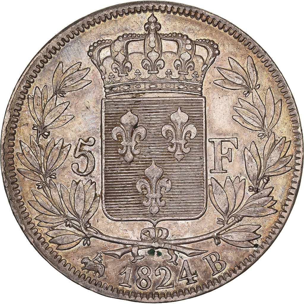 France, 5 Francs, Louis XVIII, 1824, Rouen, Silver, AU(50-53), Gadoury:614