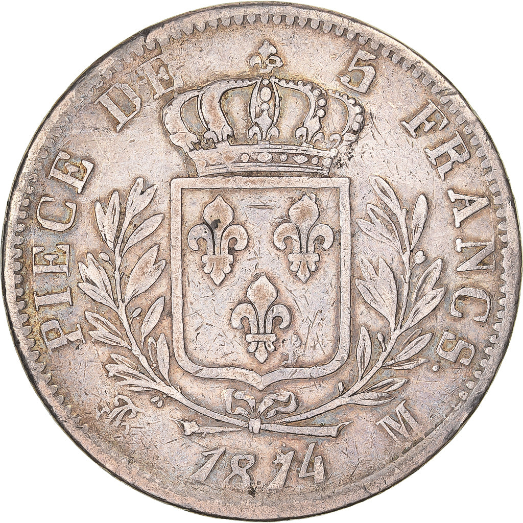 France, 5 Francs, Louis XVIII, 1814, Toulouse, Silver, VF(20-25), Gadoury:591