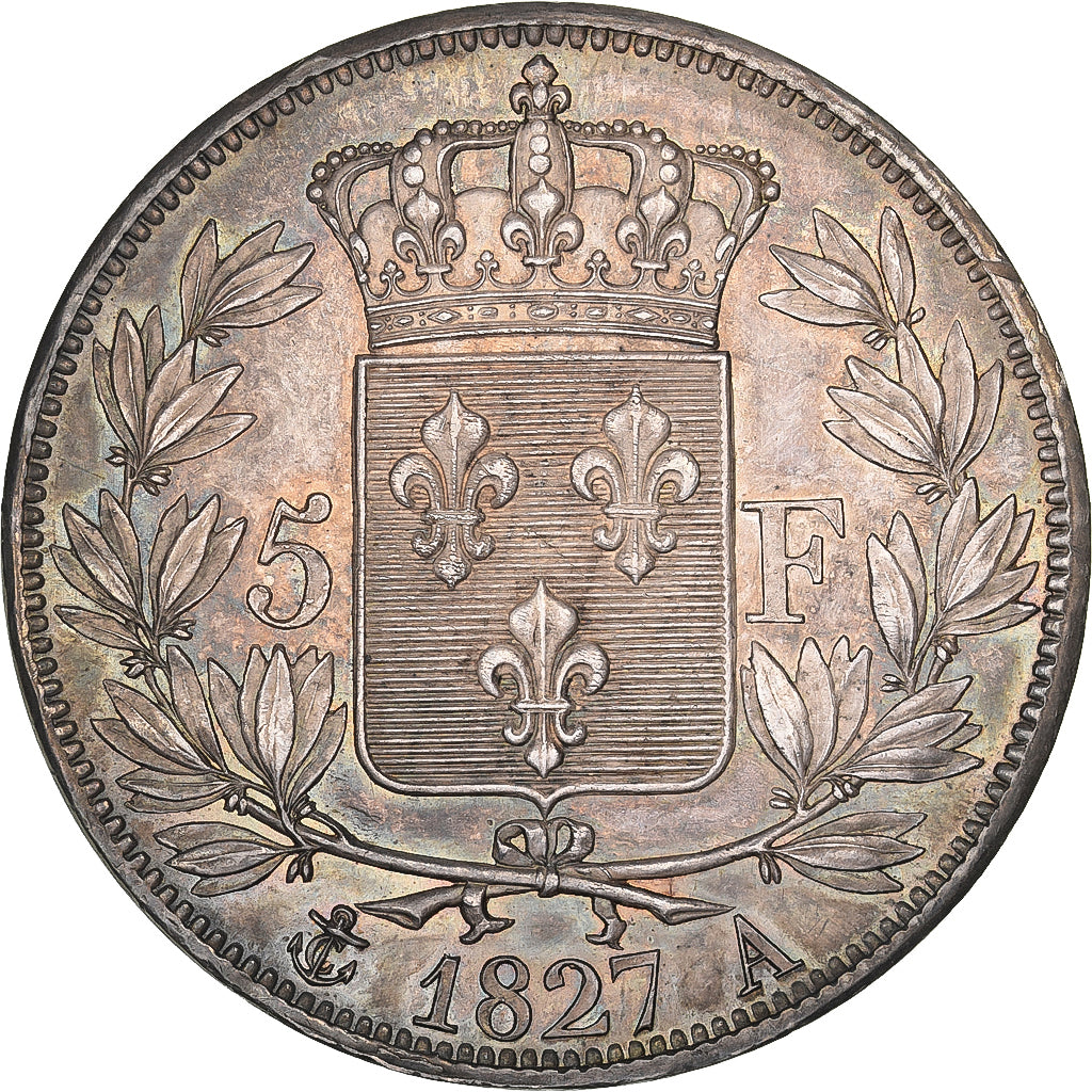 Francja, 5 Francs, Charles X, 1827, Paris, Srebro, AU(55-58), Gadoury:644