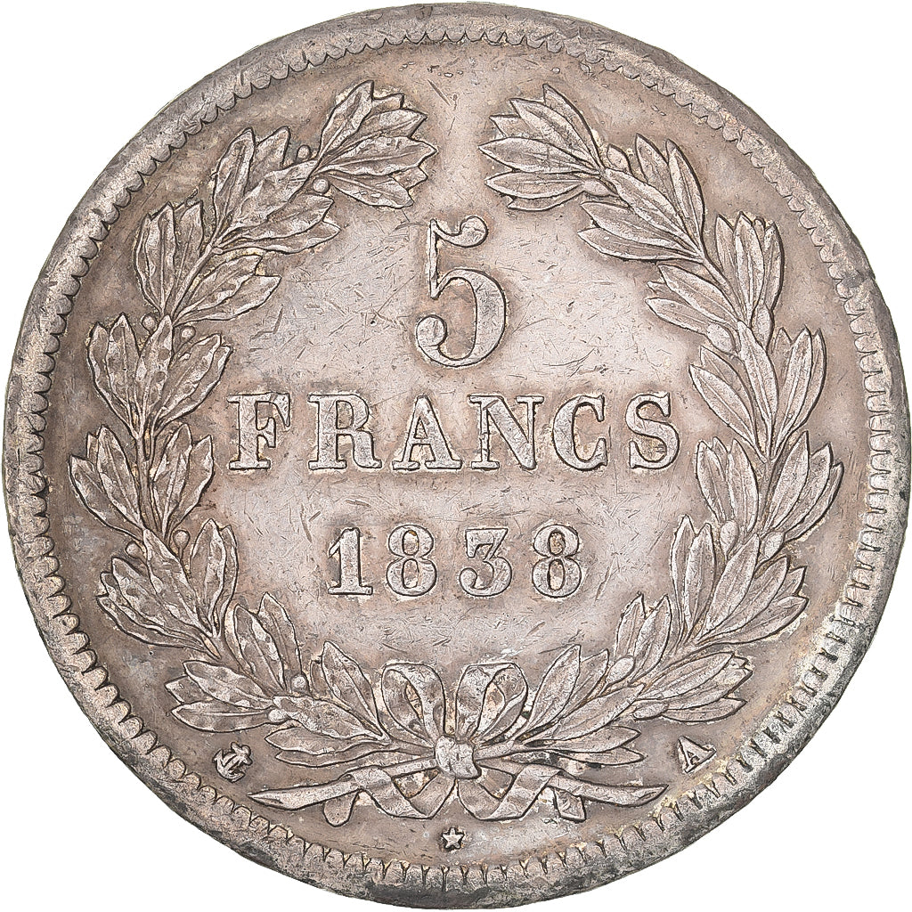 France, 5 Francs, Louis-Philippe, 1838, Paris, Silver, EF(40-45), Gadoury:678