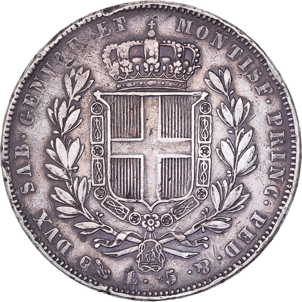 DEPARTAMENTY WŁOSKIE, SARDINIA, Carlo Alberto, 5 Lire, 1835, Genoa, Srebro