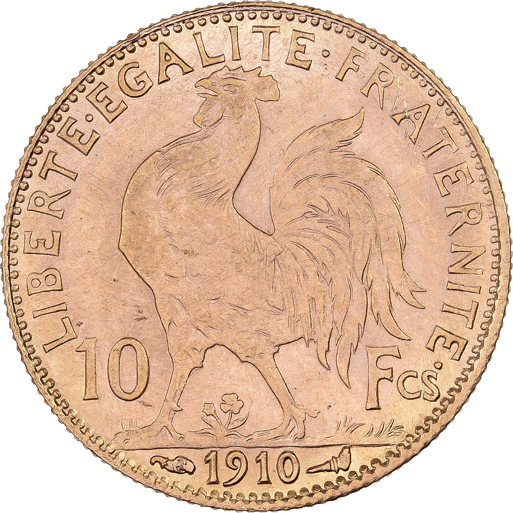 Francja, 10 Francs, Marianne Coq, 1910, Paris, Złoto, AU(50-53), Gadoury:1017