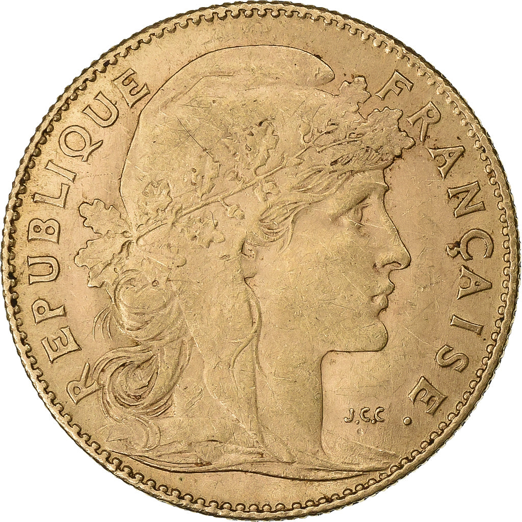 França, 10 Francs, Marianne Coq, 1912, Paris, Dourado, AU(50-53), Gadoury:1017