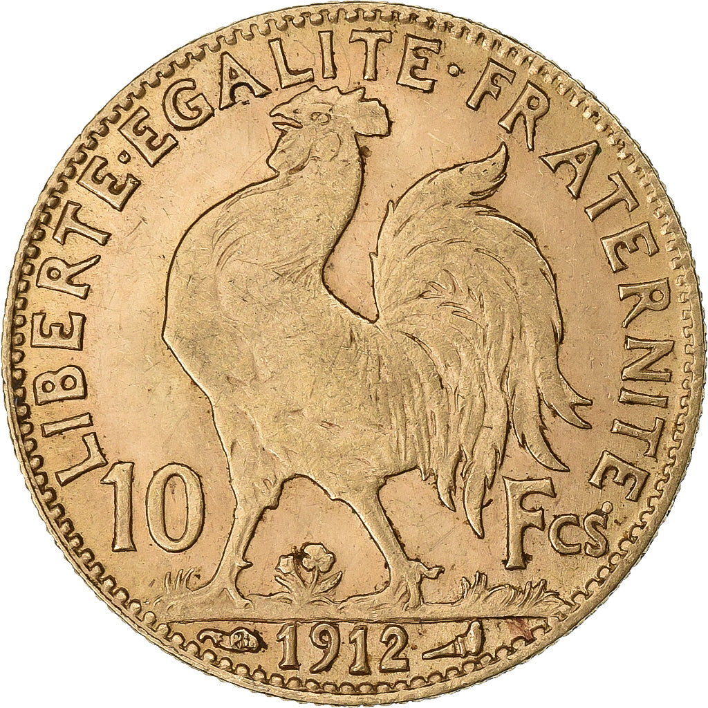 França, 10 Francs, Marianne Coq, 1912, Paris, Dourado, AU(50-53), Gadoury:1017