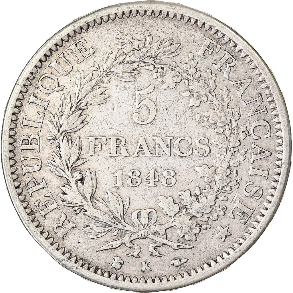 Francja, 5 Francs, Hercule, 1848, Bordeaux, Srebro, VF(20-25), Gadoury:683, Le