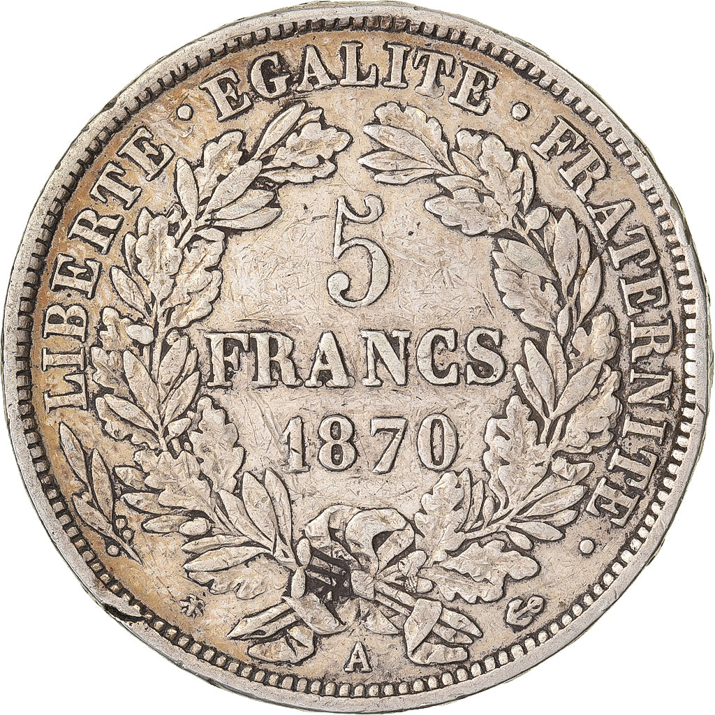 France, 5 Francs, Cérès, 1870, Paris, Silver, EF(40-45), Gadoury:743, KM:819