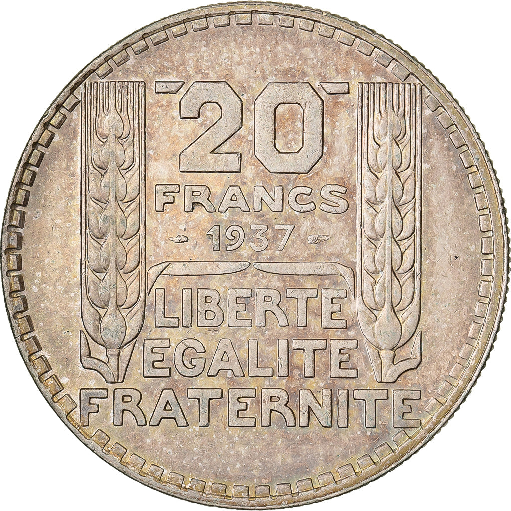 France, 20 Francs, Turin, 1937, Paris, Silver, AU(55-58), Gadoury:852, KM:879
