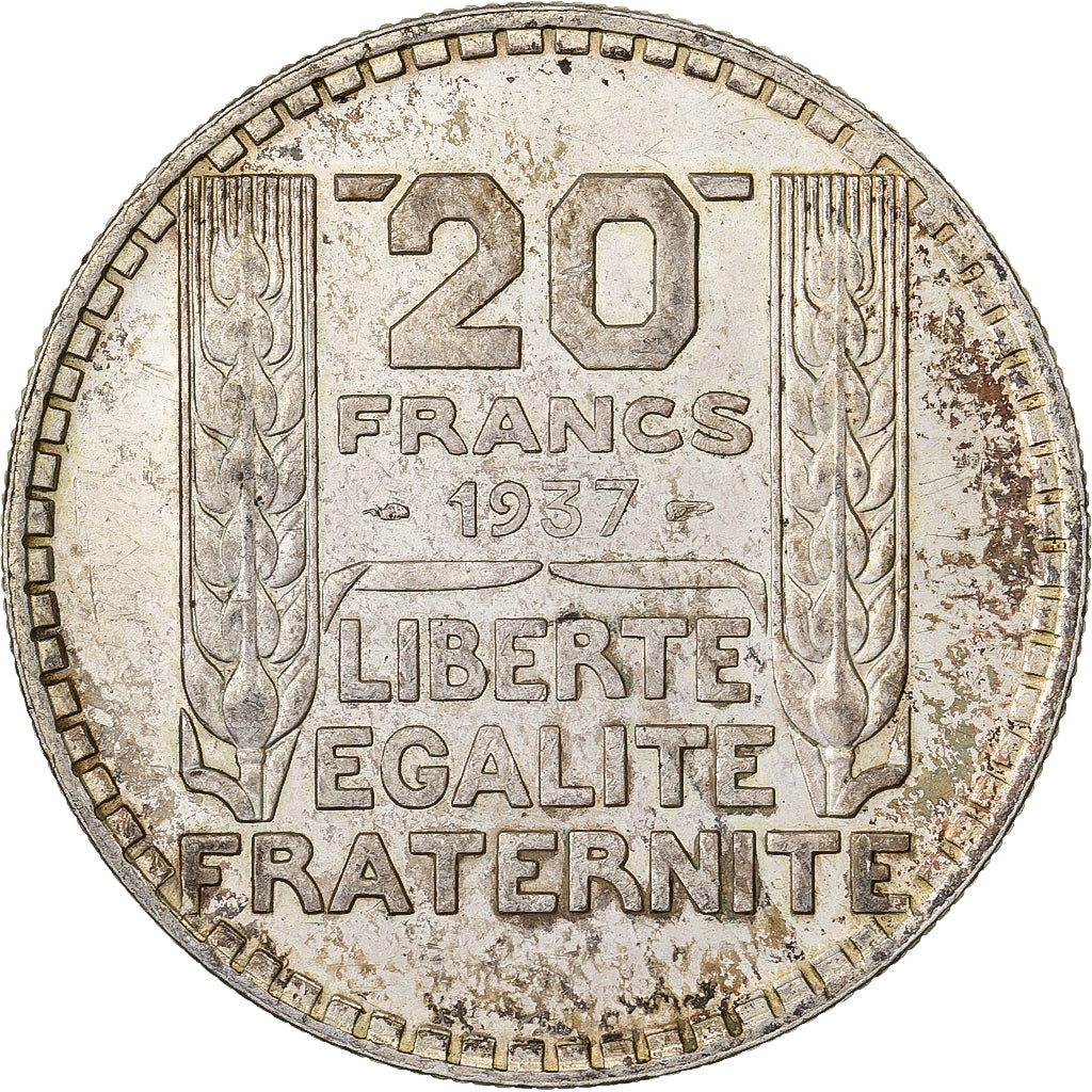 France, 20 Francs, Turin, 1937, Paris, Silver, AU(55-58), Gadoury:852, KM:879