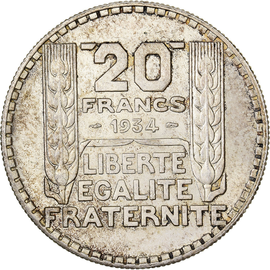 France, 20 Francs, Turin, 1934, Paris, Silver, MS(63), Gadoury:852, KM:879