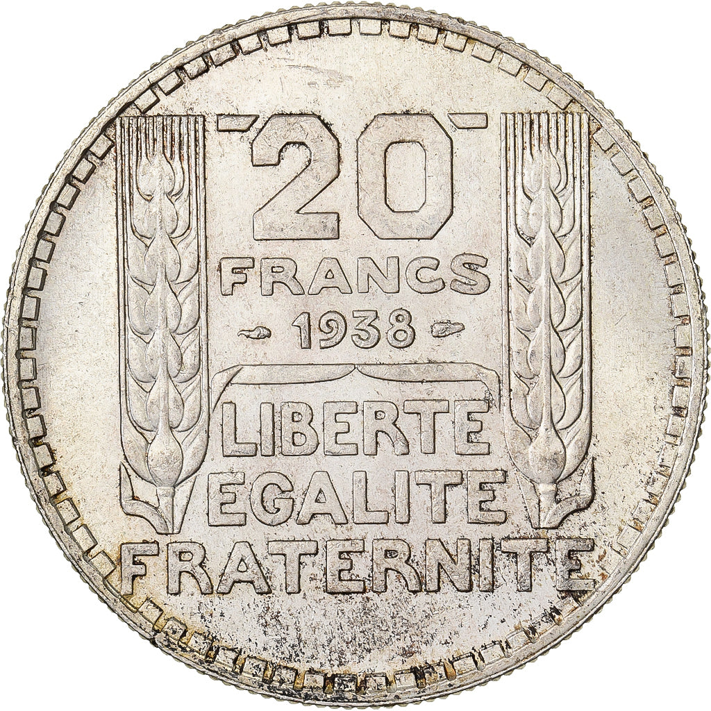 França, 20 Francs, Turin, 1938, Paris, Prata, MS(63), Gadoury:852, KM:879