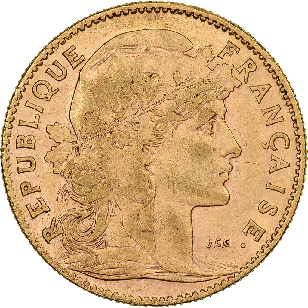 Francia, 10 Francs, Marianne Coq, 1907, Paris, Oro, BB+, KM:846