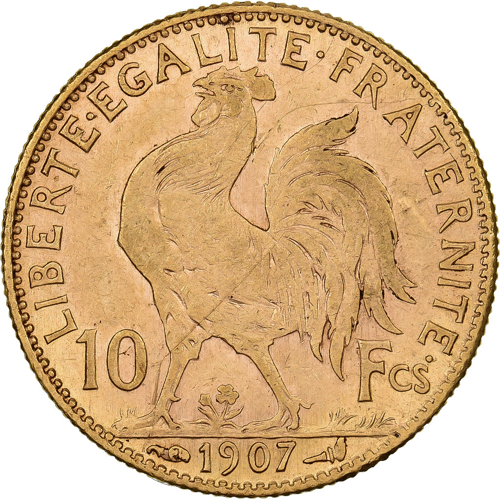 Francia, 10 Francs, Marianne Coq, 1907, Paris, Oro, BB+, KM:846