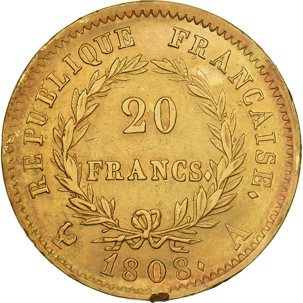 Francia, 20 Francs, Napoléon I, 1808, Paris, Oro, BB+, Gadoury:1024, KM:687.1