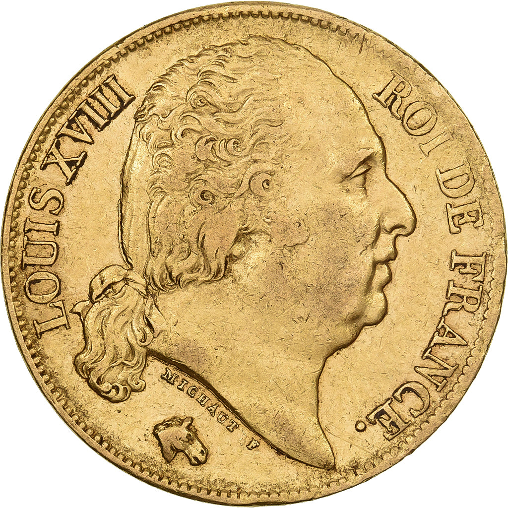 France, 20 Francs, Louis XVIII, 1818, Lille, Gold, AU(50-53), Gadoury:1028