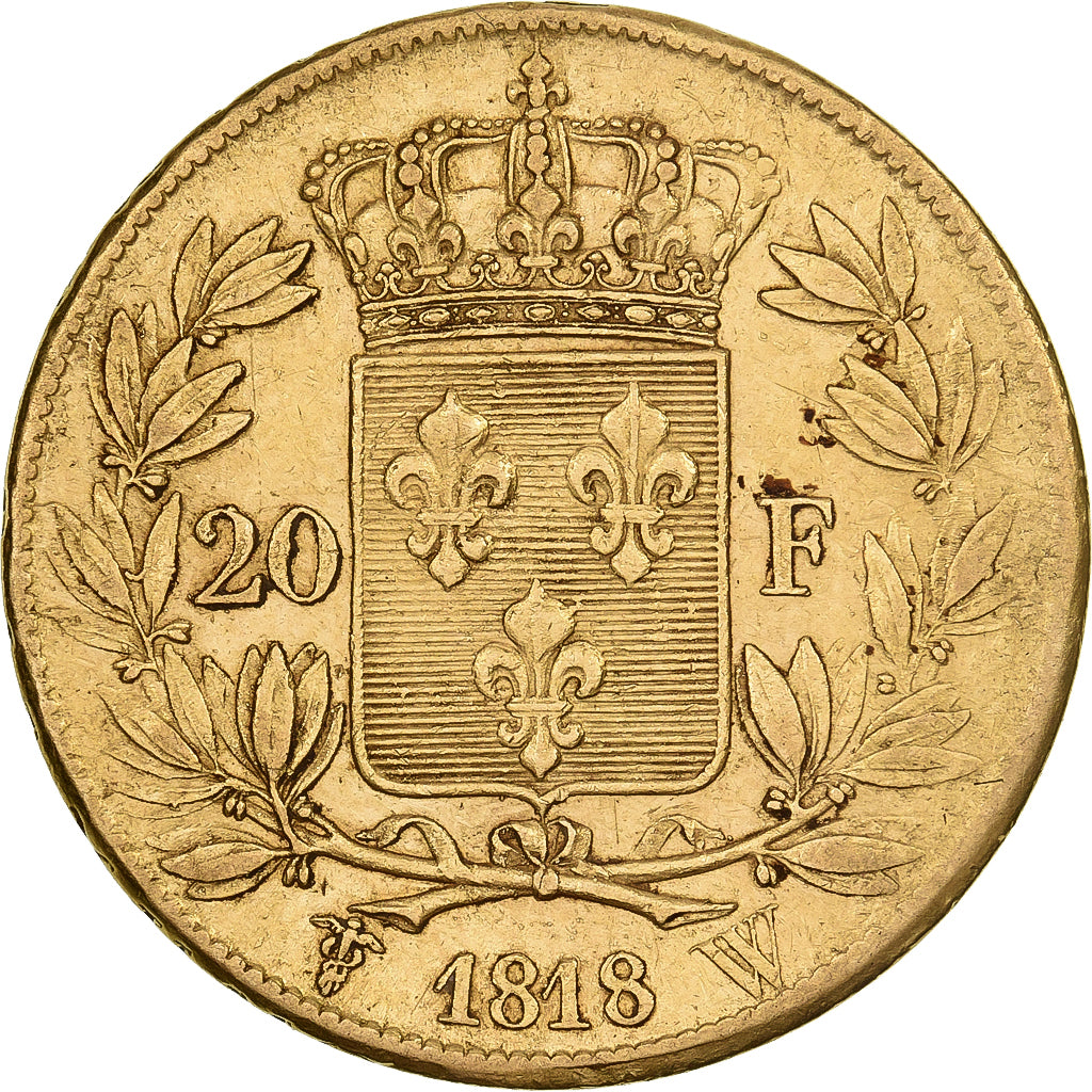 France, 20 Francs, Louis XVIII, 1818, Lille, Gold, AU(50-53), Gadoury:1028