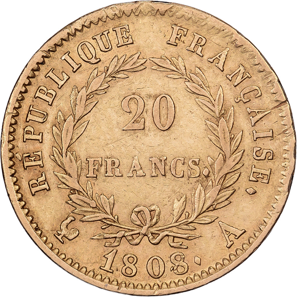 France, 20 Francs, Napoléon I, 1808, Paris, Gold, AU(50-53), Gadoury:1024