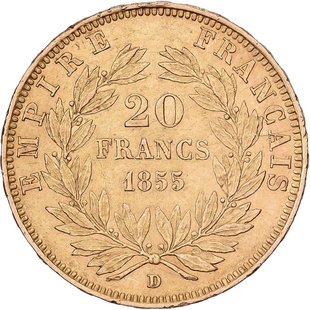 França, 20 Francs, Napoléon III, 1855, Lyon, Dourado, EF(40-45), Gadoury:1061