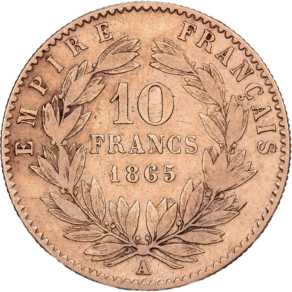 França, 10 Francs, Napoléon III, 1865, Paris, Dourado, VF(30-35)