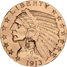 USA, $5, Half Eagle, Indian Head, 1913, San Francisco, Złoto, AU(50-53), KM:129