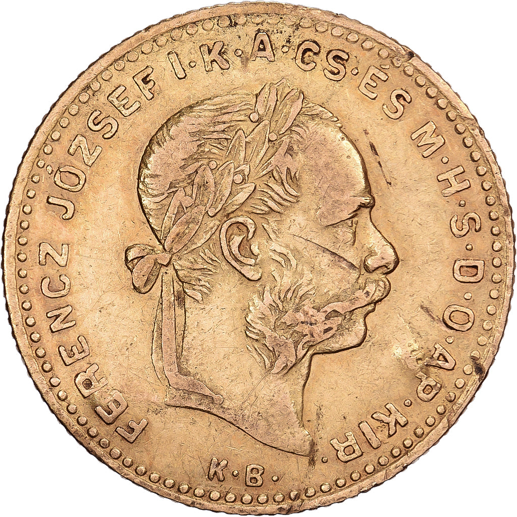 Węgry, Franz Joseph I, 4 Forint 10 Francs, 1887, Kremnica, Złoto, VF(30-35)