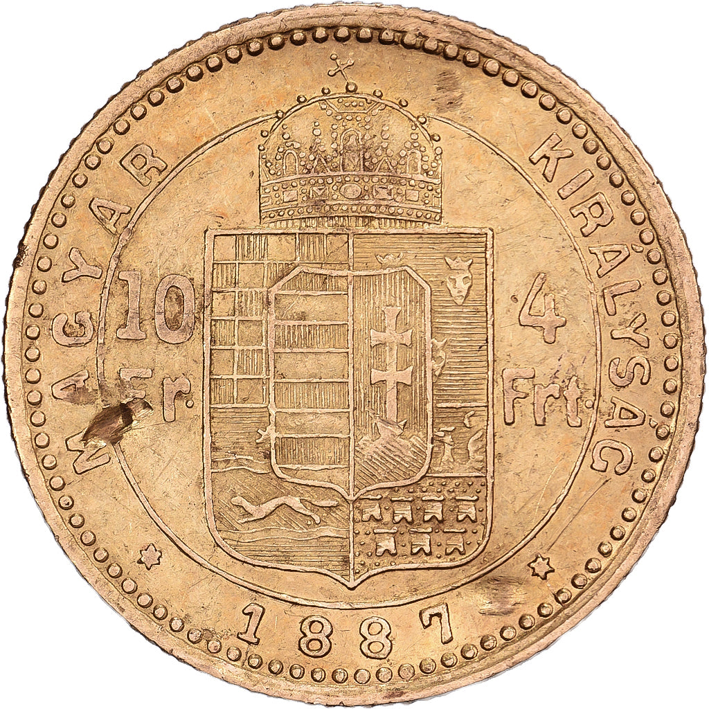 Węgry, Franz Joseph I, 4 Forint 10 Francs, 1887, Kremnica, Złoto, VF(30-35)