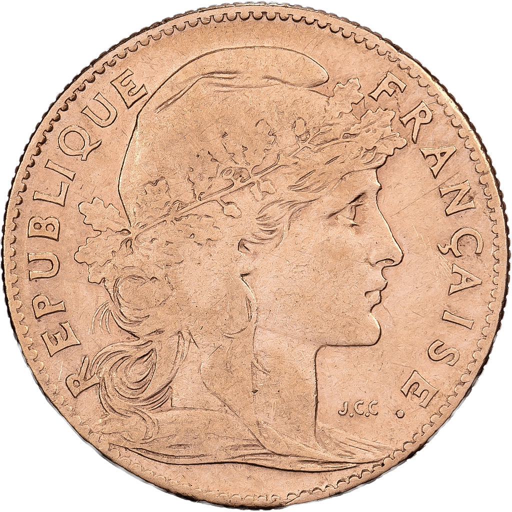 Francja, 10 Francs, Marianne Coq, 1907, Paris, Złoto, EF(40-45), KM:846