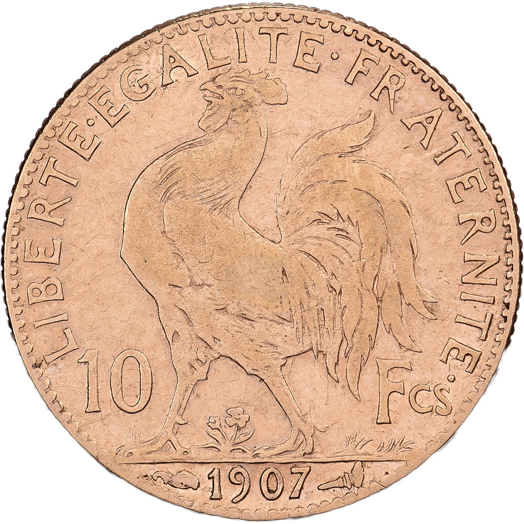 Francja, 10 Francs, Marianne Coq, 1907, Paris, Złoto, EF(40-45), KM:846
