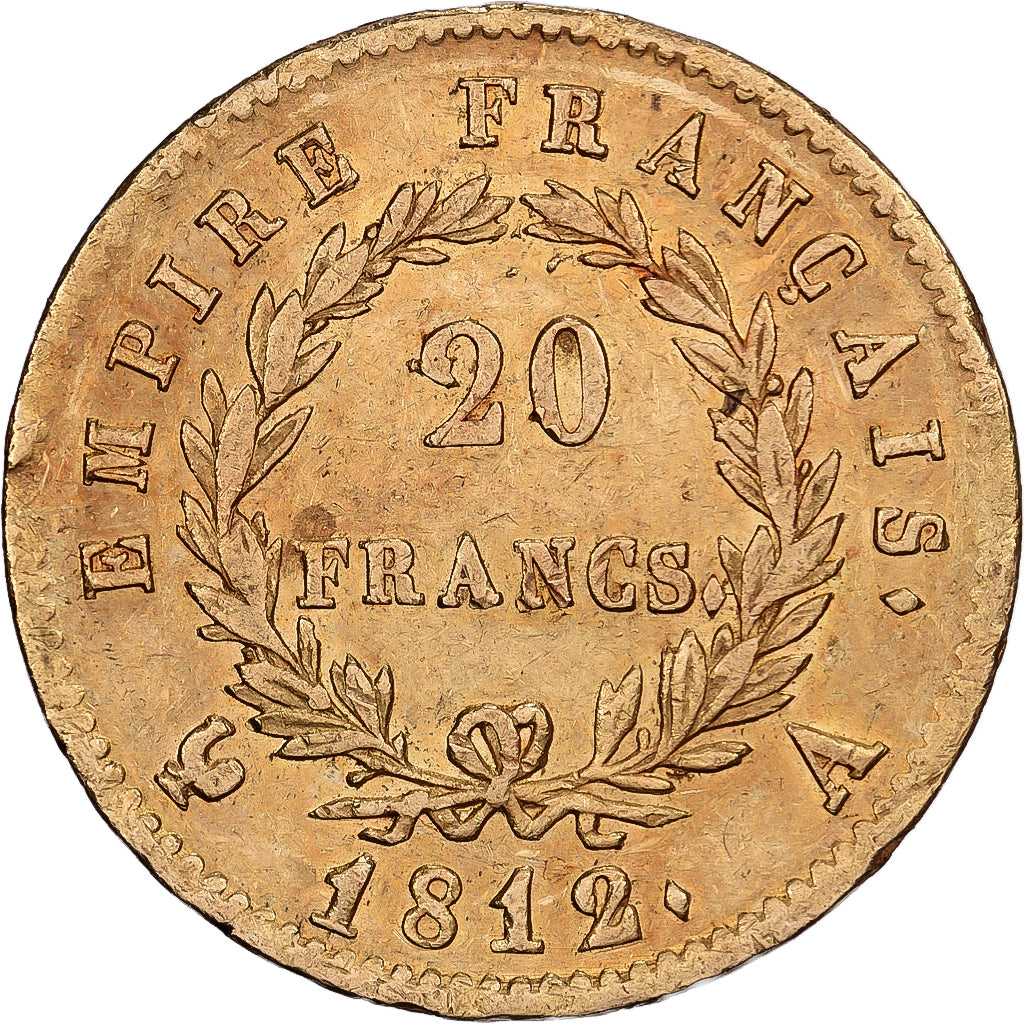 França, 20 Francs, Napoléon I, 1812, Paris, Dourado, EF(40-45), KM:695.1
