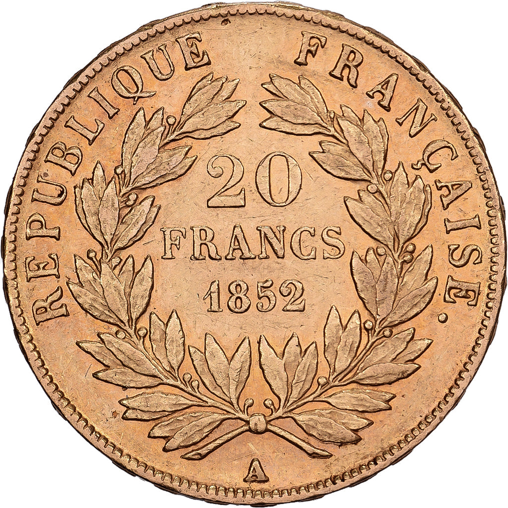 Francja, 20 Francs, Louis Napoléon Bonaparte, 1852, Paris, Złoto, AU(50-53)