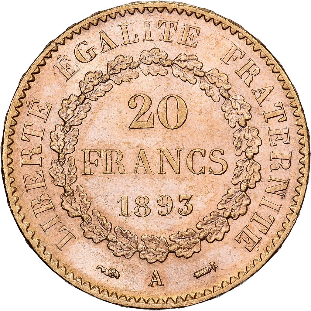 France, 20 Francs, Génie, 1893, Paris, Gold, MS(60-62), Gadoury:1063, KM:825