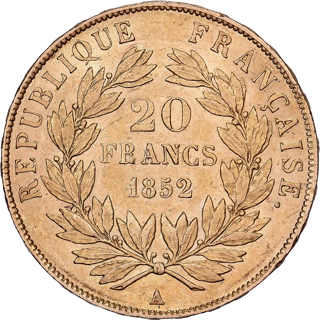 France, 20 Francs, Louis Napoléon Bonaparte, 1852, Paris, Gold, AU(50-53)