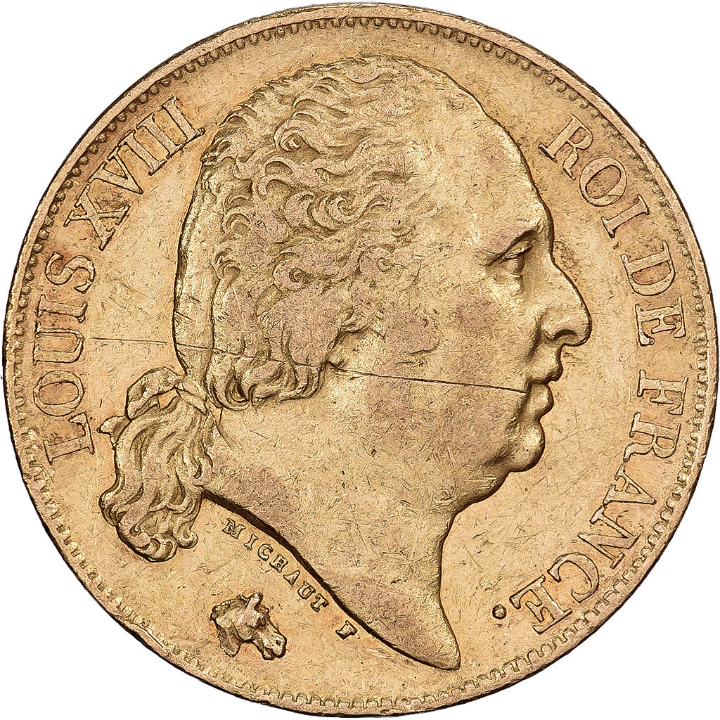 Francia, 20 Francs, Louis XVIII, 1816, Paris, Oro, BC+, Gadoury:1028, KM:712.1